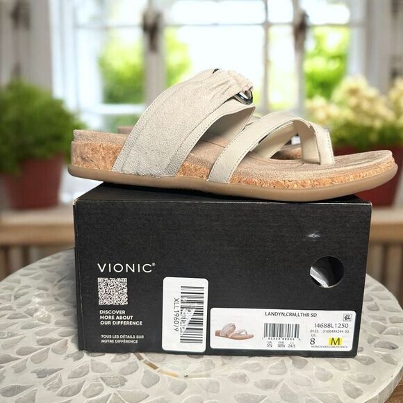 Vionic Landyn Leather Supportive Slide Sandals Cork Orthotic Comfort Women 8 NIB - Picture 2 of 14